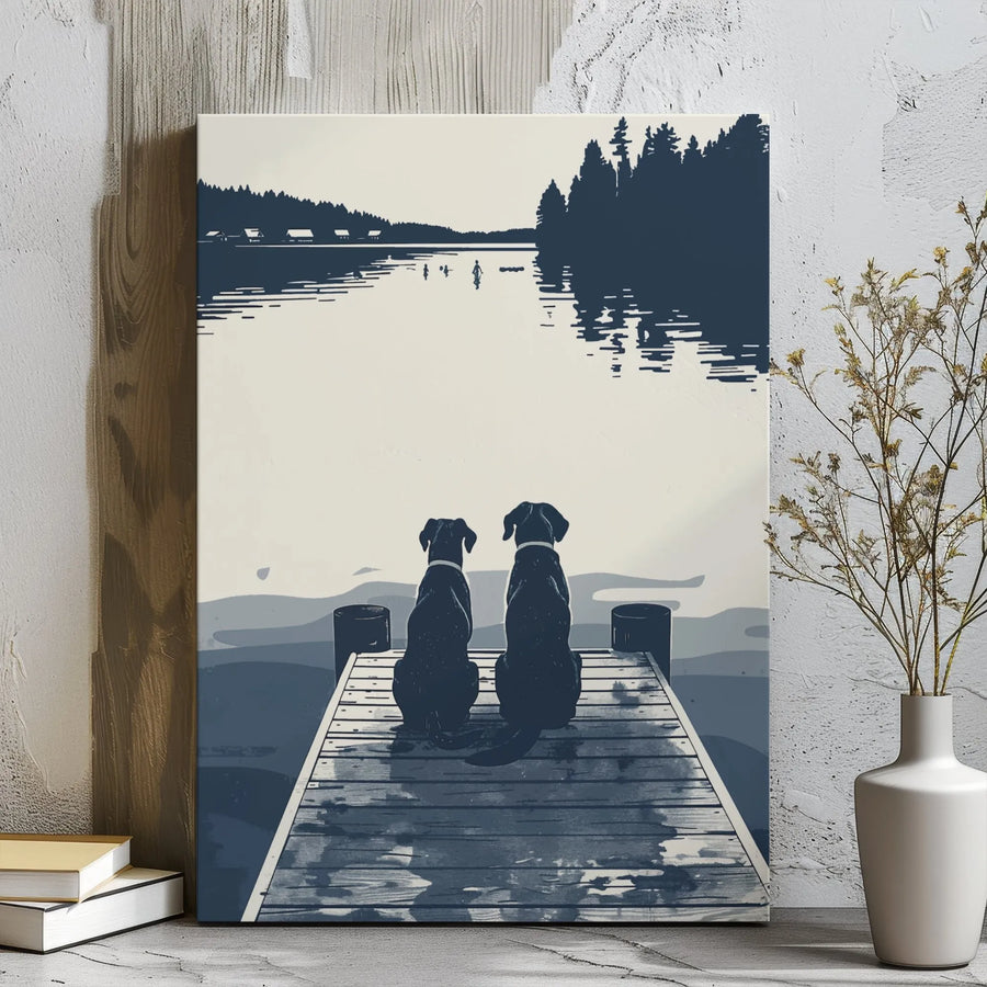 Dog Lake Dock Wall Art | Two Labrador Silhouettes Print | Premium Gallery Wrap Canvas | Rustic Nature Home Decor Gift for Dog Lovers