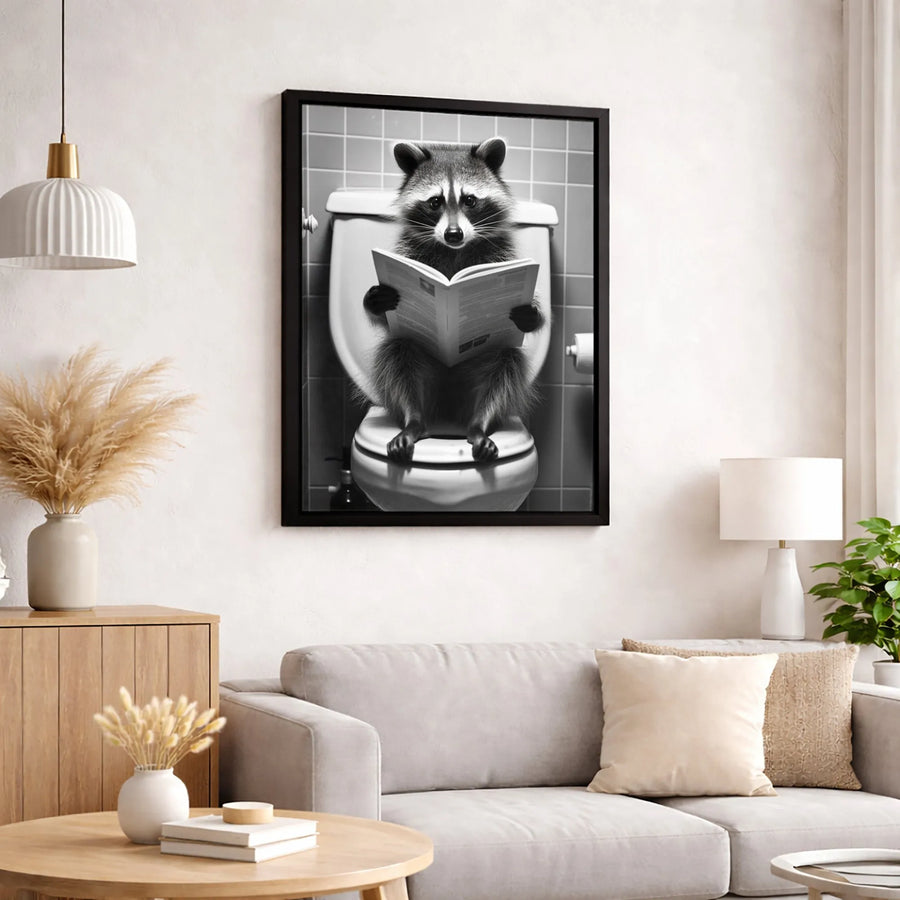 Funny Raccoon Reading Newspaper on Toilet Canvas Art | Whimsical Bathroom Wall Decor | Premium 1.25" Gallery Wrap | Unique Restroom Gift Idea