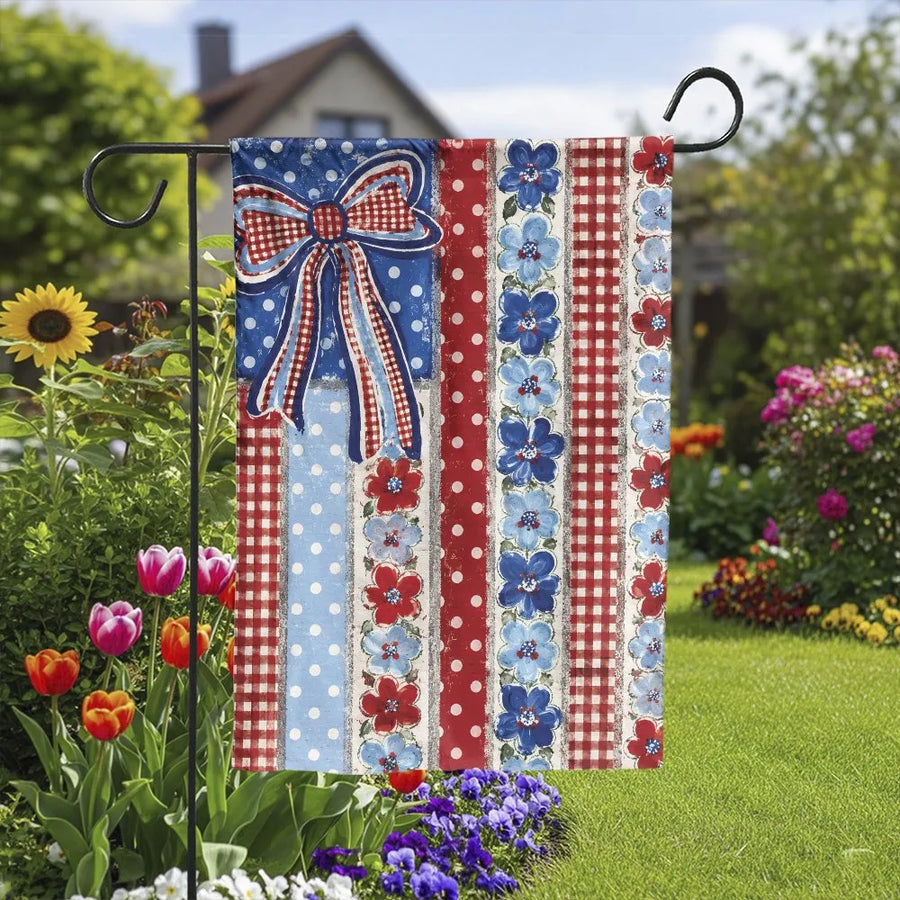 Patriotic Americana Garden Flag | Rustic Red White Blue Gingham Bow & Floral Stripes | Double-Sided Weather-Resistant Polyester | Outdoor Summer 4th of July Yard Decor Gift