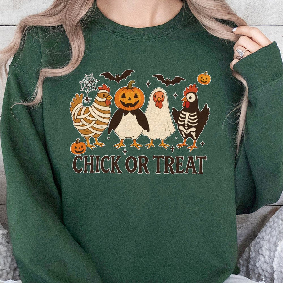 Chick Or Treat Sweatshirt | Funny Halloween Chicken Costume Graphic | Premium Cotton Blend Unisex Crewneck | Cute Spooky Fall Gift For Poultry Lovers