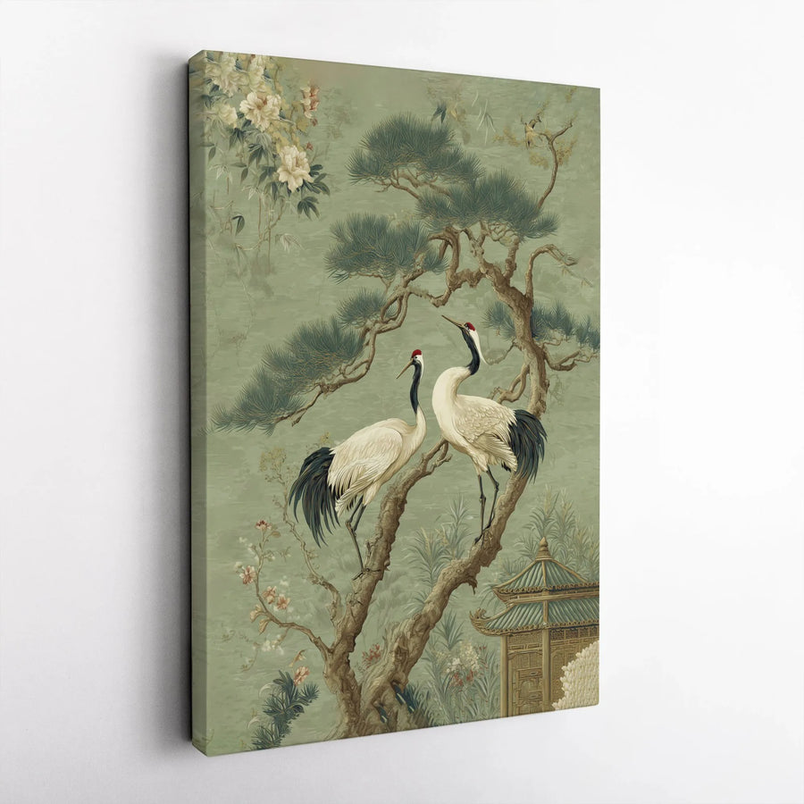 Chinoiserie Crane Canvas Wall Art | Vintage Asian Inspired Pine Tree Print | 1.25" Thick Gallery Wrap | Elegant Home Decor Gift