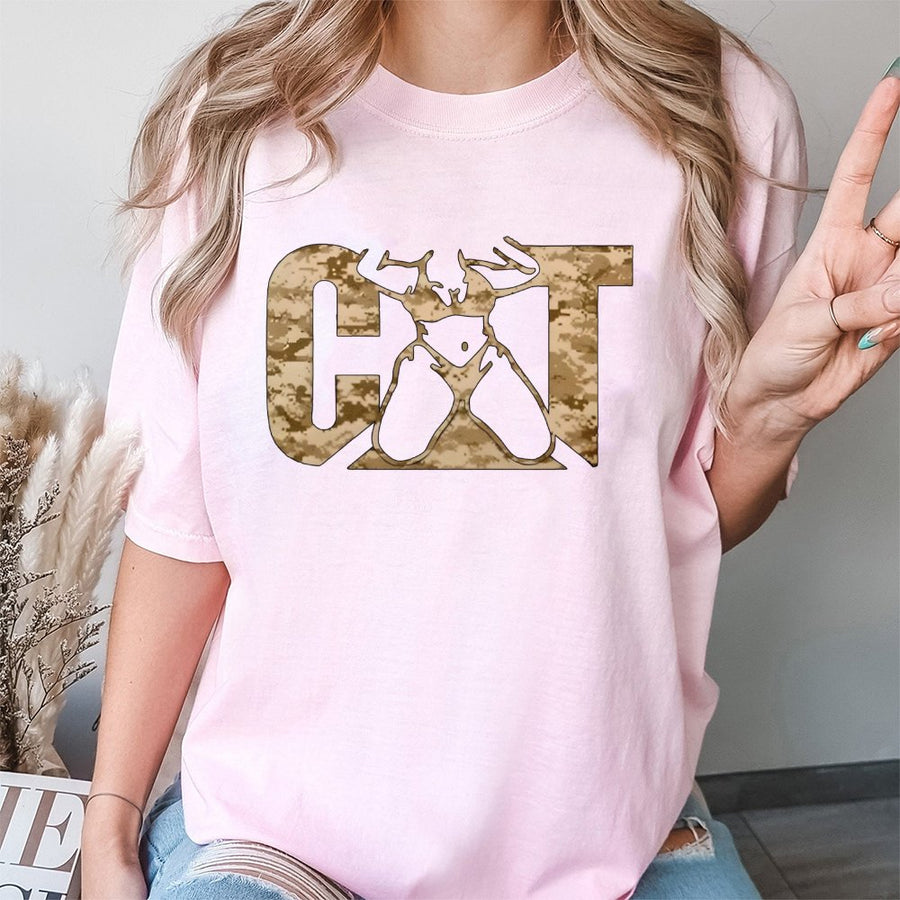 Cat Camo Graphic T-Shirt | Distressed Military Style Cat Print | Premium 100% Cotton | Gift for Cat Lovers & Outdoor Enthusiasts