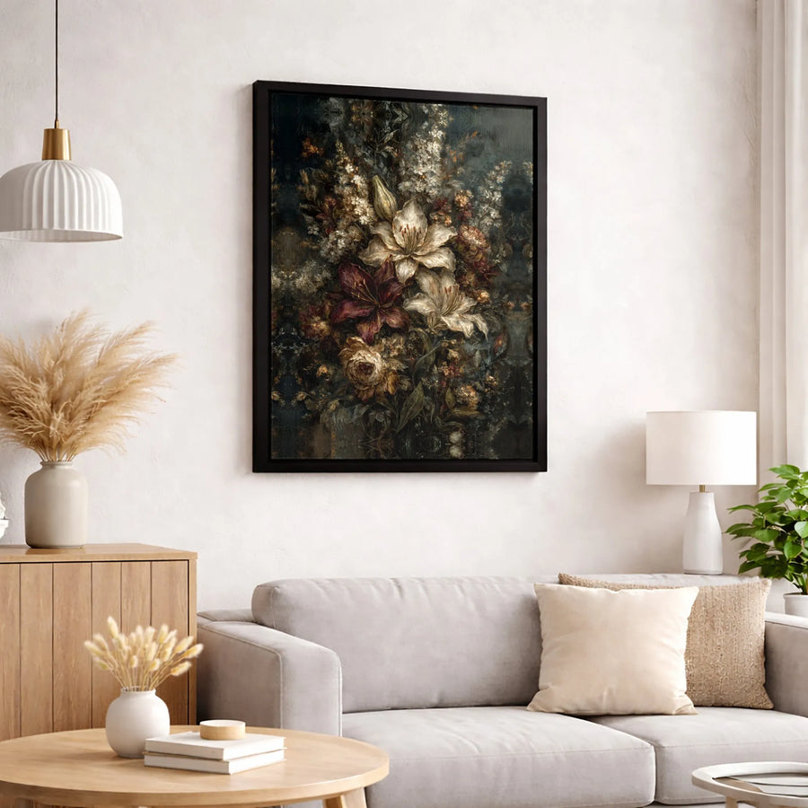 Dark Moody Floral Still Life Canvas | Baroque Lily and Rose Oil Painting Style | Premium Fade-Resistant Wall Art | Sophisticated Home Decor Gift