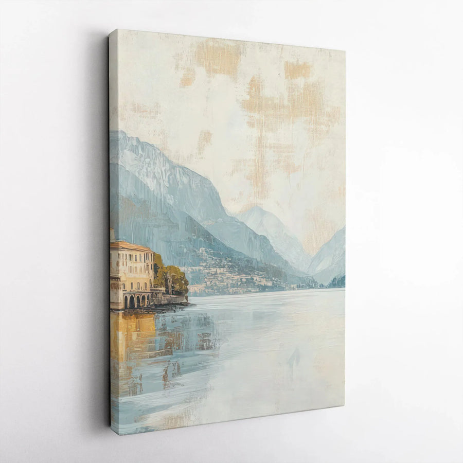Lakeside Mountain Landscape Canvas Print | Mediterranean Coastal Town Wall Art | Gallery Wrapped Premium Decor | Aesthetic Gift For Home Office