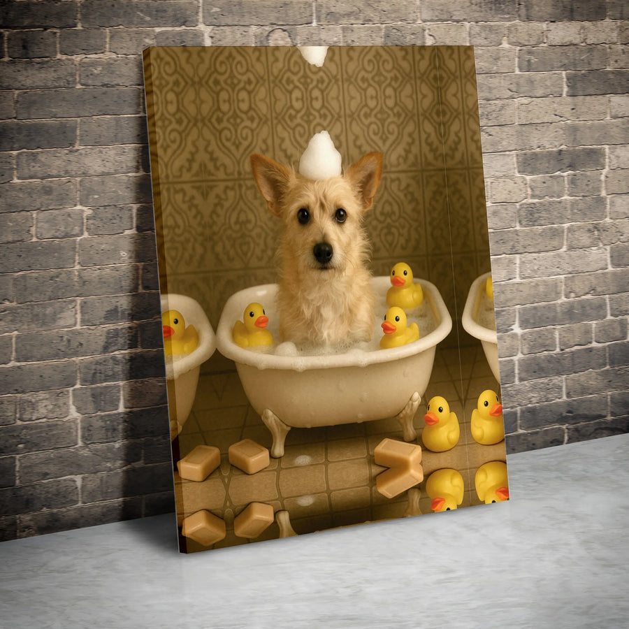 Cute Terrier Bathtub Canvas Art | Dog With Rubber Ducks Bubbles | Premium Gallery Wrap Print | Whimsical Bathroom Home Decor Wall Art