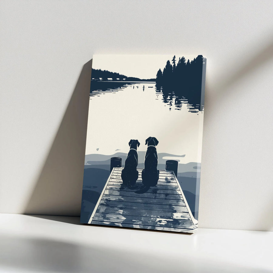 Dog Lake Dock Wall Art | Two Labrador Silhouettes Print | Premium Gallery Wrap Canvas | Rustic Nature Home Decor Gift for Dog Lovers
