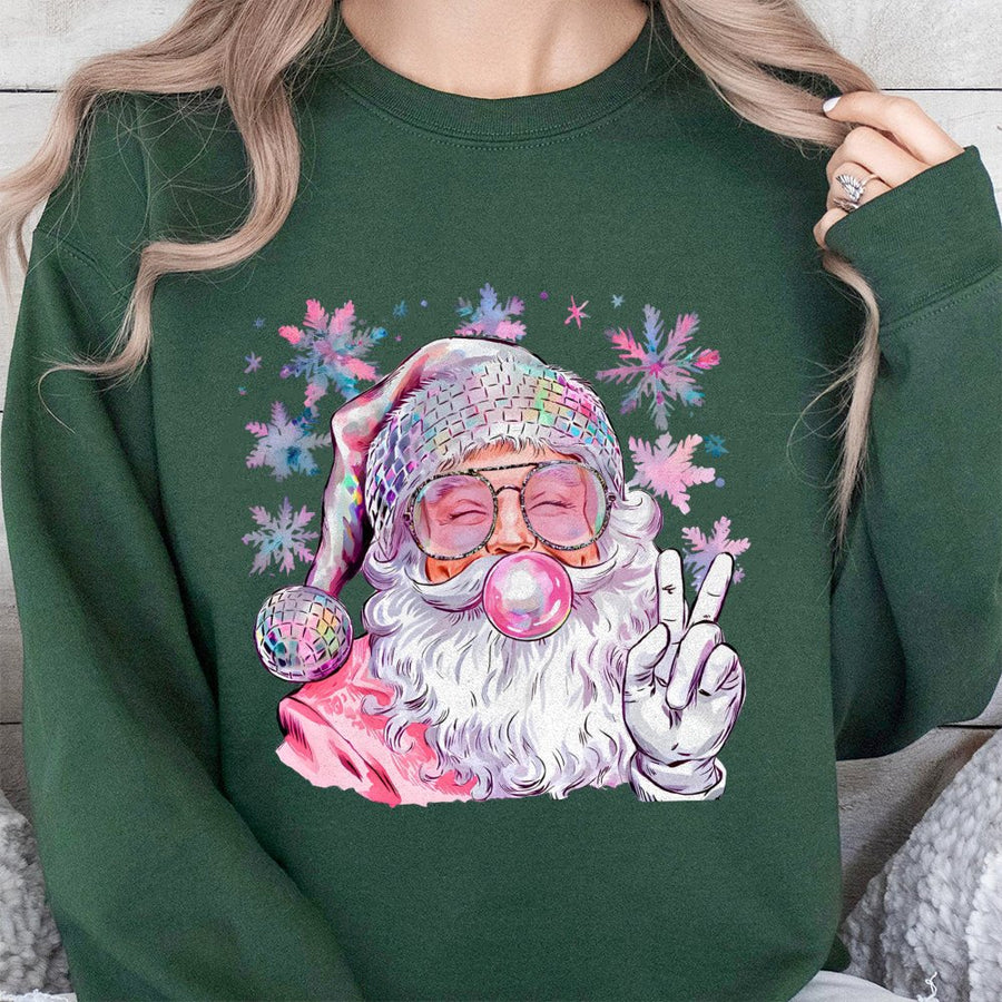 Pink Santa Sweatshirt | Disco Ball Hat Bubble Gum Graphic | Premium Cotton Blend | Retro Christmas Holiday Gift for Women and Teen Girls