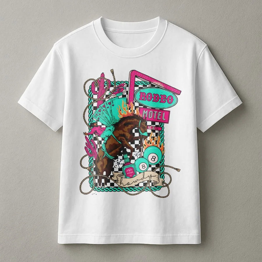 Rodeo Motel Western T-Shirt | Neon Cowboy Checkered Graphic | Premium Cotton Streetwear | Retro Country Gift For Cowgirl