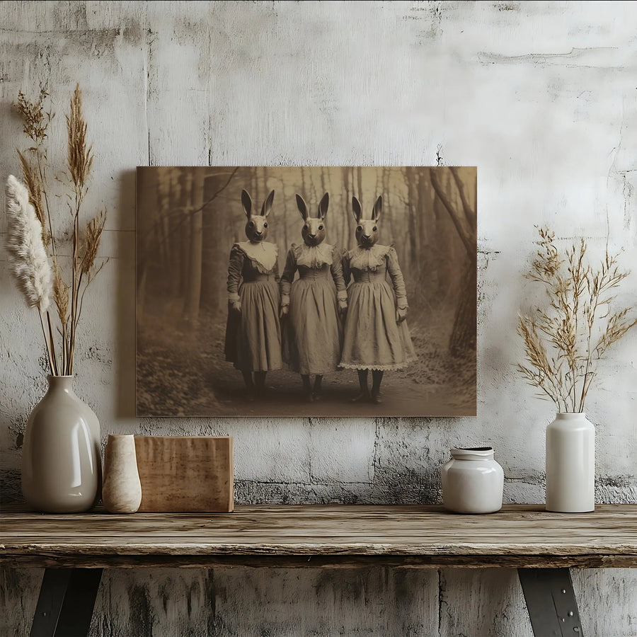 Surreal Rabbit Wall Art | Creepy Victorian Bunny Trio Print | Premium Gallery Wrapped Canvas | Dark Academia Home Decor Gift