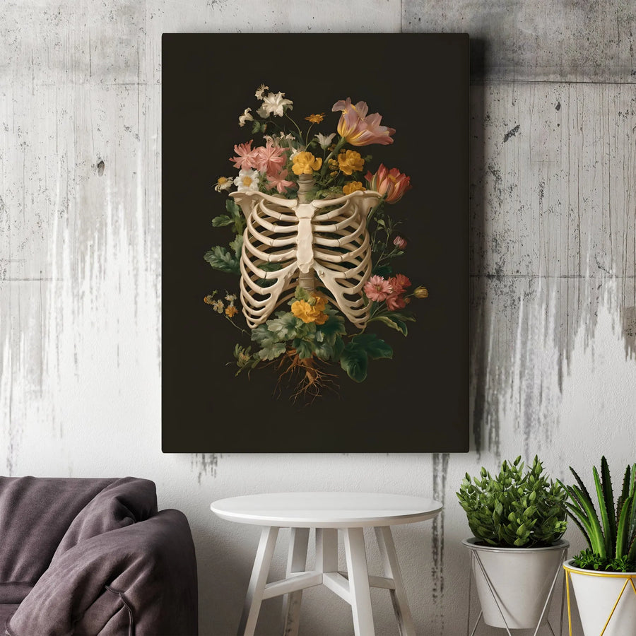 Anatomical Rib Cage Wall Art | Vintage Floral Human Anatomy Illustration | Gallery-Quality Canvas Print | Unique Dark Academia Decor For Home