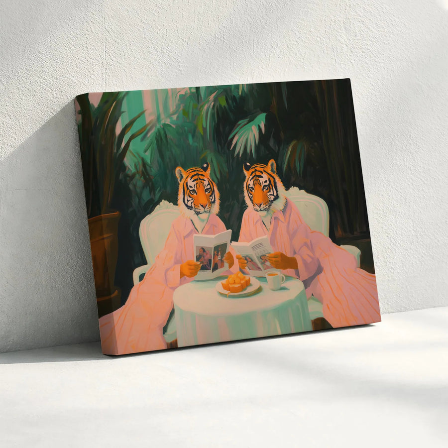 Tiger Couple Canvas Print | Whimsical Tigers in Pajamas Art | Premium Gallery Wrap | Eclectic Home Decor Gift