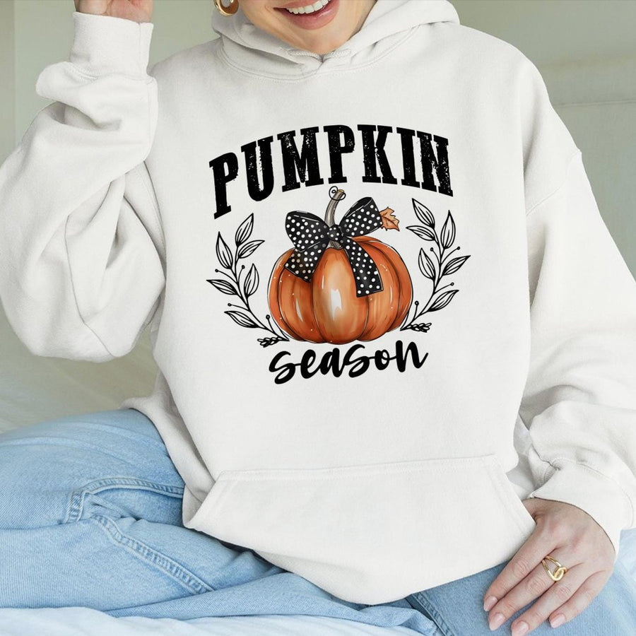 Pumpkin Season Hoodie | Coquette Bow Fall Aesthetic Graphic | Premium Cotton Blend | Cute Autumn Gift for Women and Teens