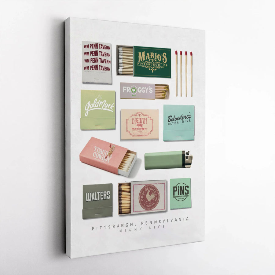 Pittsburgh Wall Art | Retro Bar Matchbook Collection Print | Premium Gallery Wrap Canvas | Unique Pennsylvania Home Decor Gift for City Lovers