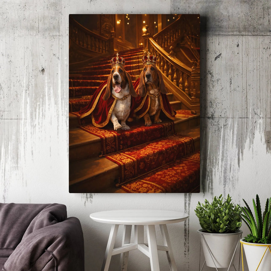 Royal Basset Hound Canvas Wall Art | Regal Dog King & Queen Portrait | Premium Matte Canvas | Unique Gift for Basset Hound Owner