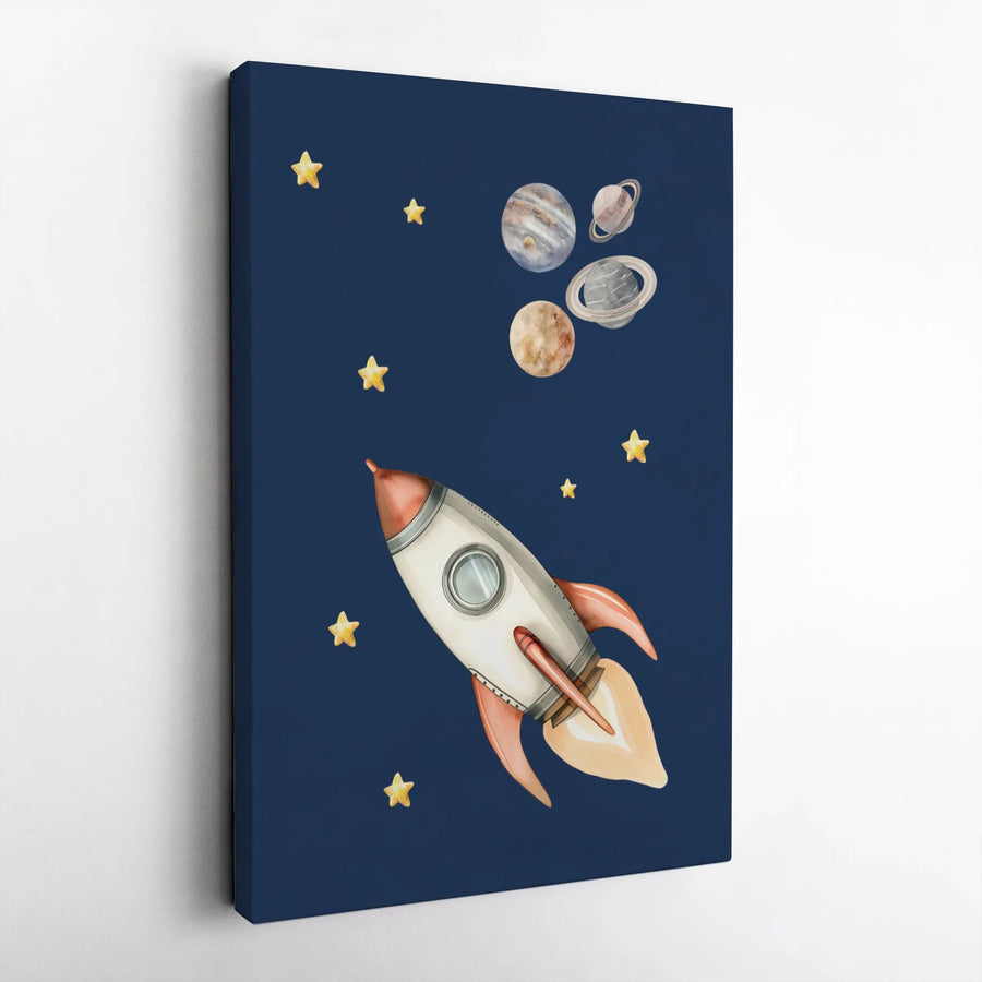 Watercolor Rocket Ship Canvas Print | Space Planets and Stars Wall Art | Premium 1.25-Inch Gallery Wrap | Nursery and Kids Room Decor