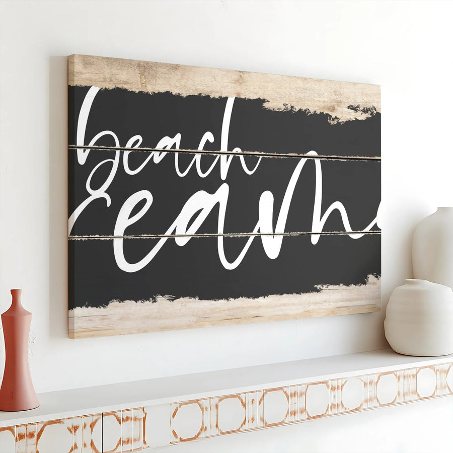 Beach Wall Art Canvas | Rustic Black and Wood Script Print | Premium Gallery Wrap Decor | Coastal Home Decor for Living Room