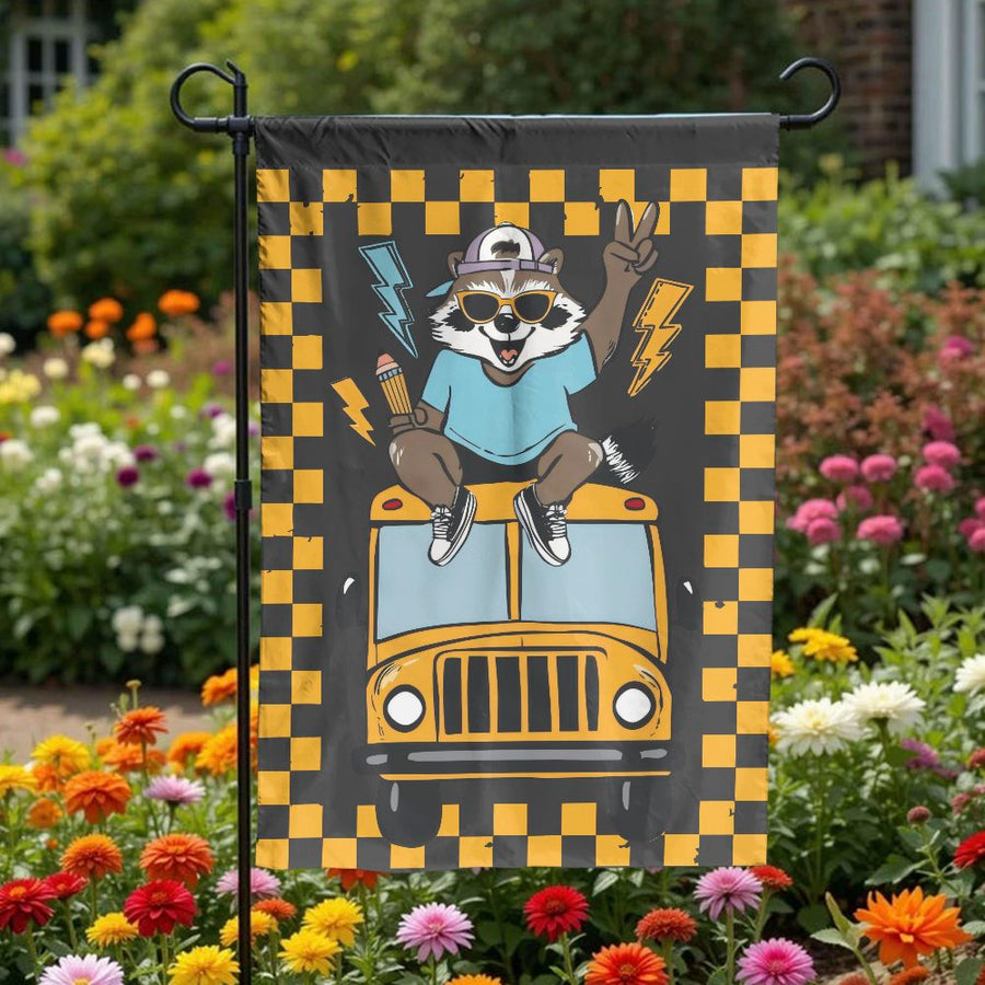 Back To School Garden Flag | Raccoon Riding School Bus Design | Premium All-Weather Polyester | Decorative Yard Decor For Teachers And Students