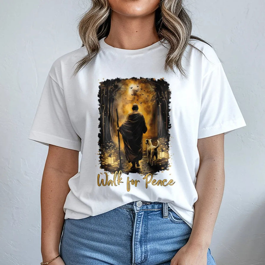 Walk For Peace T-Shirt | Zen Monk And Dog Forest Graphic | Soft Premium Cotton Tee | Spiritual Mindfulness Gift For Meditation Lovers