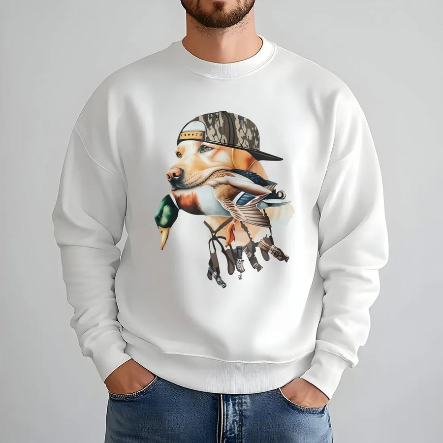 Duck Hunting Dog Sweatshirt | Labrador Retriever with Camo Hat & Mallard Graphic | Premium Cotton Tee | Outdoorsman Gift for Men