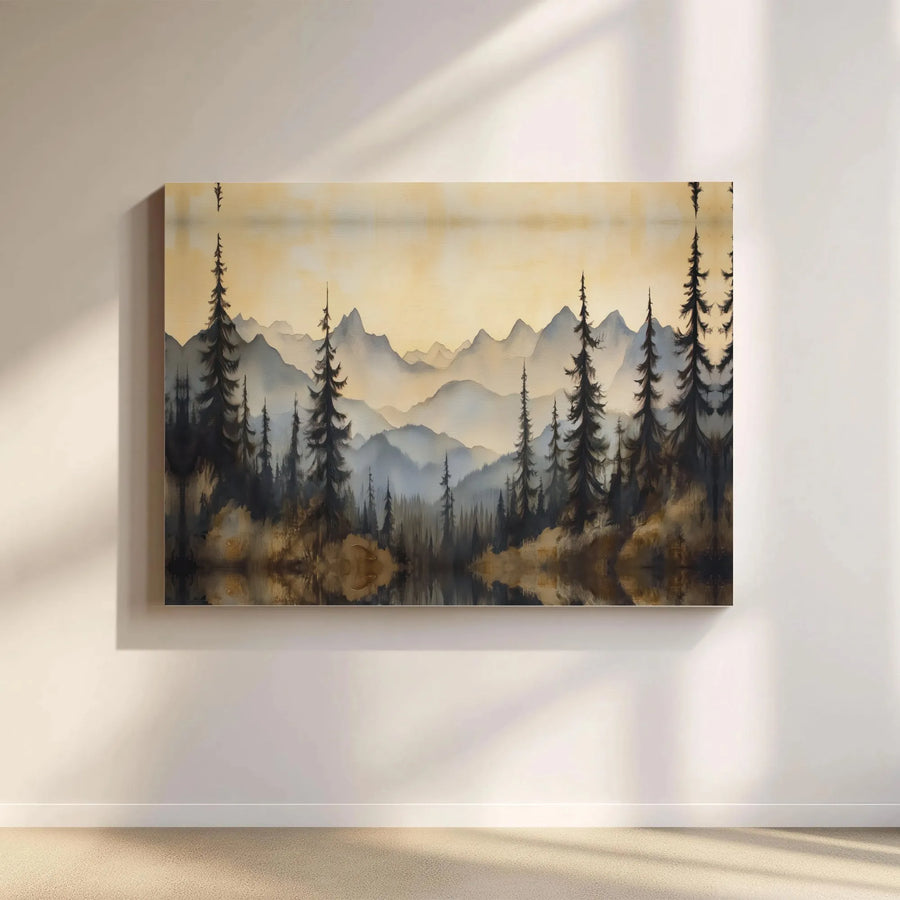 Mountain Landscape Canvas Print | Watercolor Pine Forest Reflection | Premium Gallery Wrap Wall Art | Rustic Living Room Decor Gift