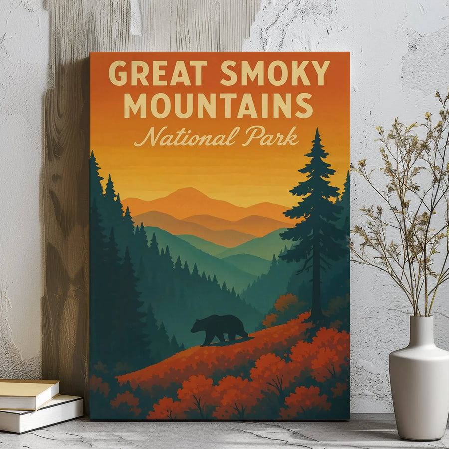 Great Smoky Mountains National Park Canvas | Vintage Bear Art Print | Gallery Wrap Wall Decor | Nature Lover Gift for Office and Home