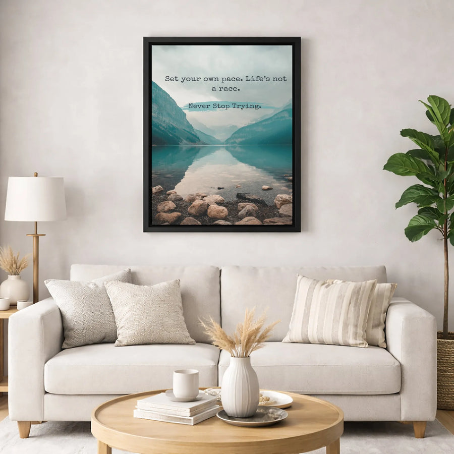 Mountain Lake Wall Art | Set Your Own Pace Motivational Quote | Premium 1.25-Inch Gallery Canvas | Inspiring Home & Office Decor Gift