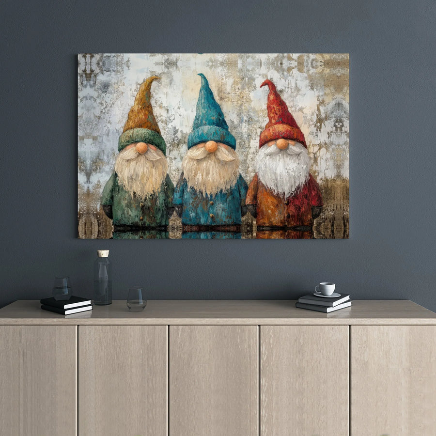 Three Gnomes Wall Art | Whimsical Oil Painting Style Canvas | Premium 1.25-Inch Gallery Wrap | Rustic Home Decor Gift for Gnome Collectors
