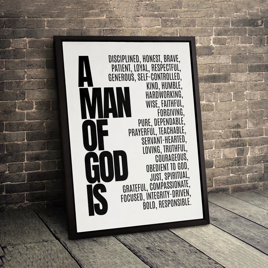 Man Of God Canvas Print | Christian Virtues Typography Wall Art | Premium Gallery-Wrapped Decor | Faith-Based Gift For Men