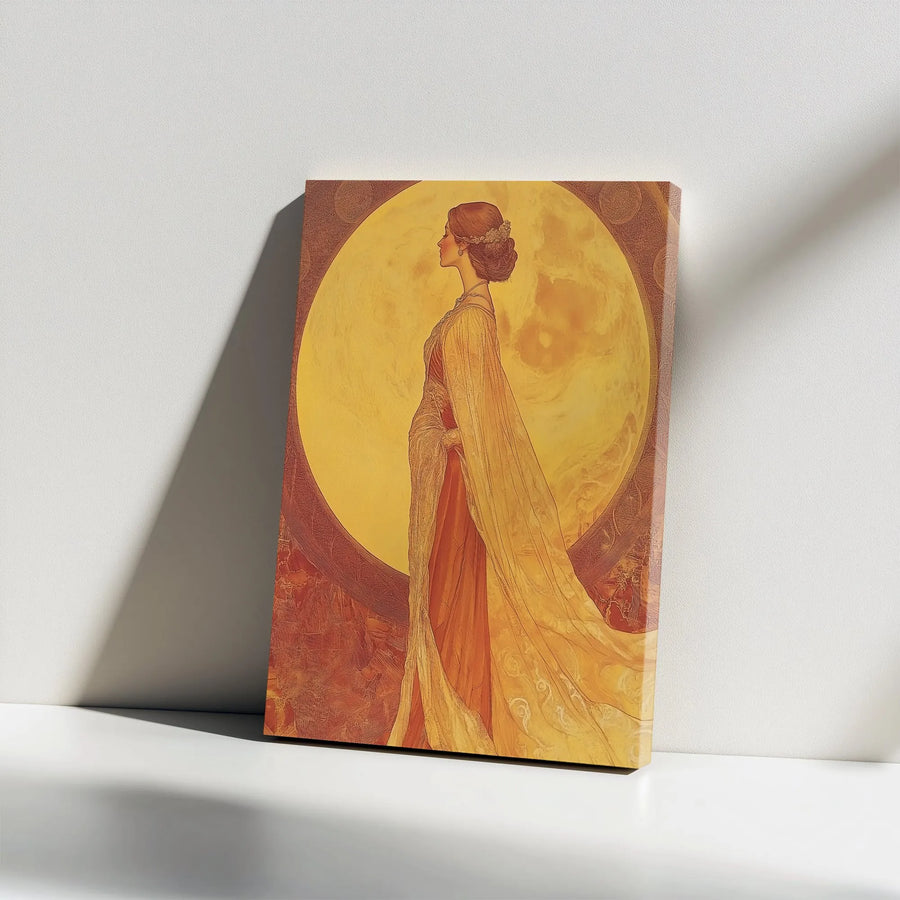 Art Nouveau Woman Wall Art | Golden Moon Portrait Canvas | Premium Gallery Wrap Print | Elegant Home Decor Gift