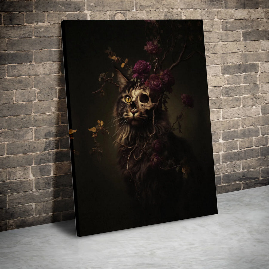 Gothic Cat Wall Art | Half Skull Floral Portrait | Premium 1.25-Inch Gallery Canvas | Moody Dark Academia Home Decor Gift