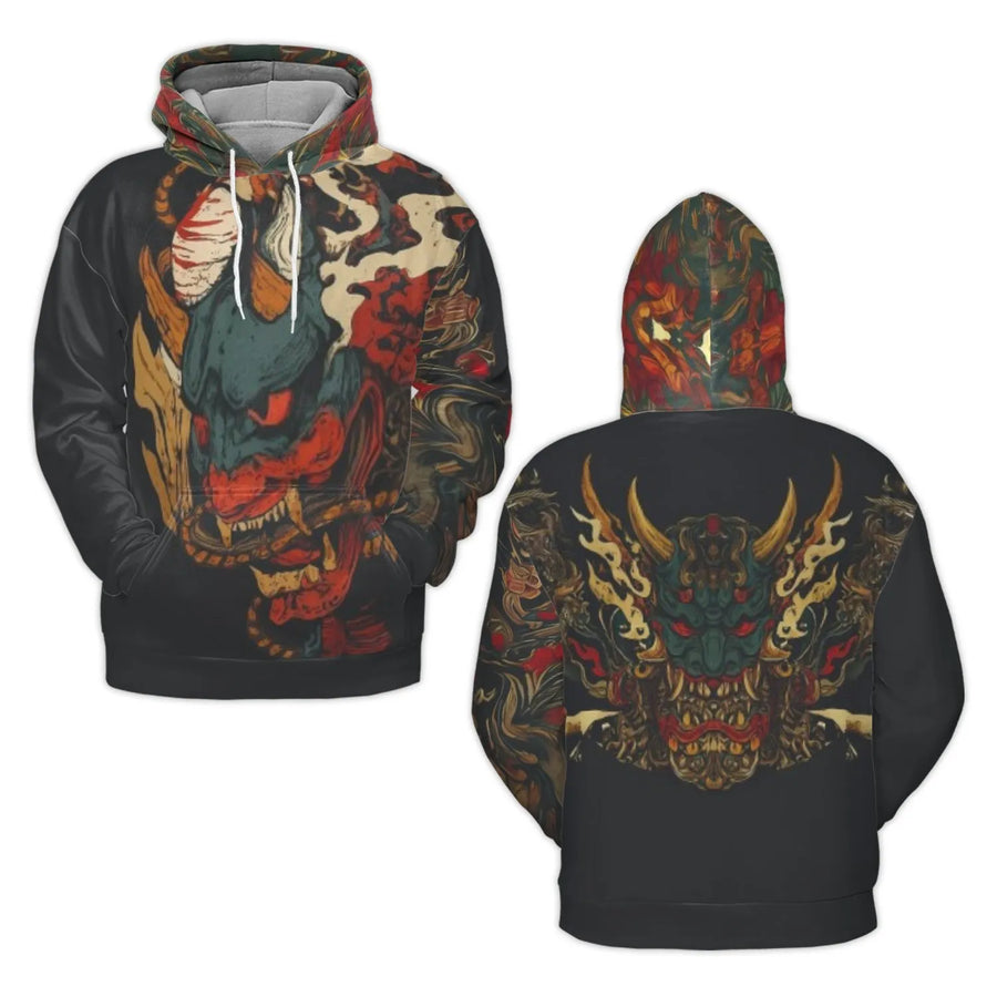 Japanese Oni Demon Hoodie | Traditional Hannya Mask Tattoo Art | Premium All-Over Print Sweatshirt | Streetwear Gift for Men and Women