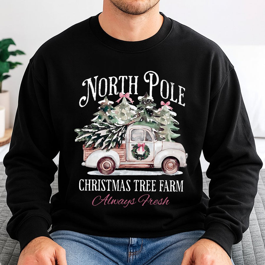 North Pole Christmas Tree Farm Sweatshirt | Rustic Vintage Truck Holiday Graphic | Premium Cotton Blend | Unisex Cozy Winter Gift