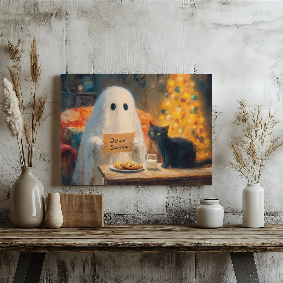 Ghost Christmas Canvas Print | Whimsical Black Cat Dear Santa Oil Painting | Gallery-Wrapped Premium Wall Art | Festive Holiday Decor Gift
