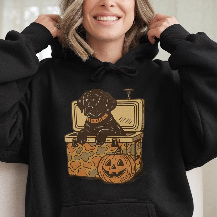 Black Lab Hoodie | Cute Camo Cooler Design with Pumpkin | Premium Cotton Blend Pullover | Halloween Dog Lover Gift for Hunter or Outdoor Fan