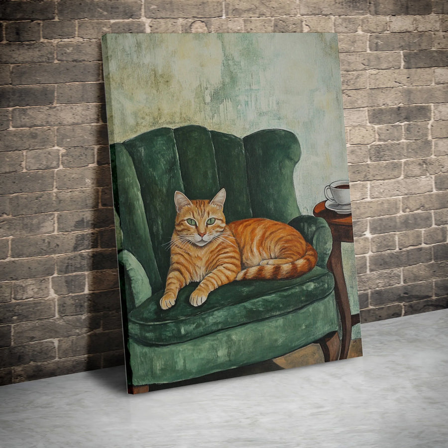 Orange Tabby Cat Canvas Wall Art | Vintage Painting of Cat in Armchair | Thick Gallery Wrap Canvas | Premium Gift for Cat Lover