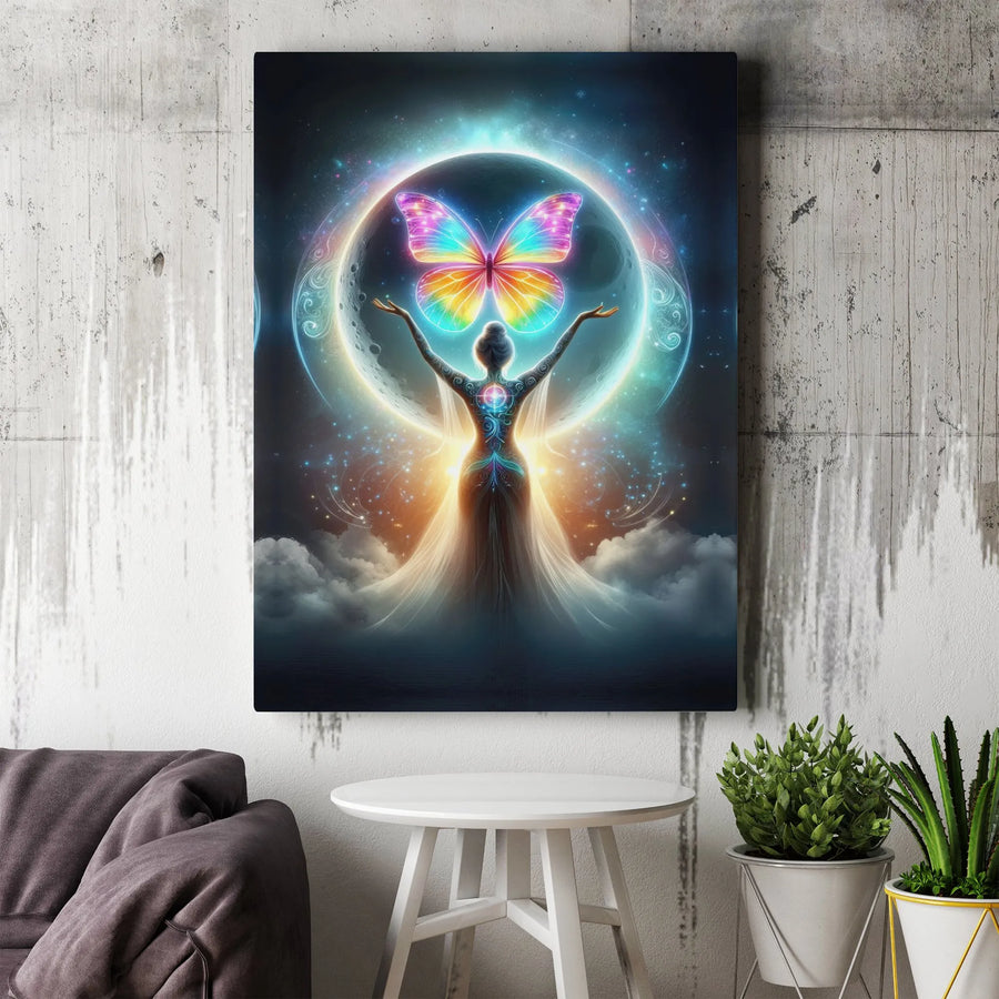 Celestial Goddess Canvas Art | Rainbow Butterfly Cosmic Moon Wall Decor | Premium 1.25-Inch Gallery Wrap | Spiritual Home Gift