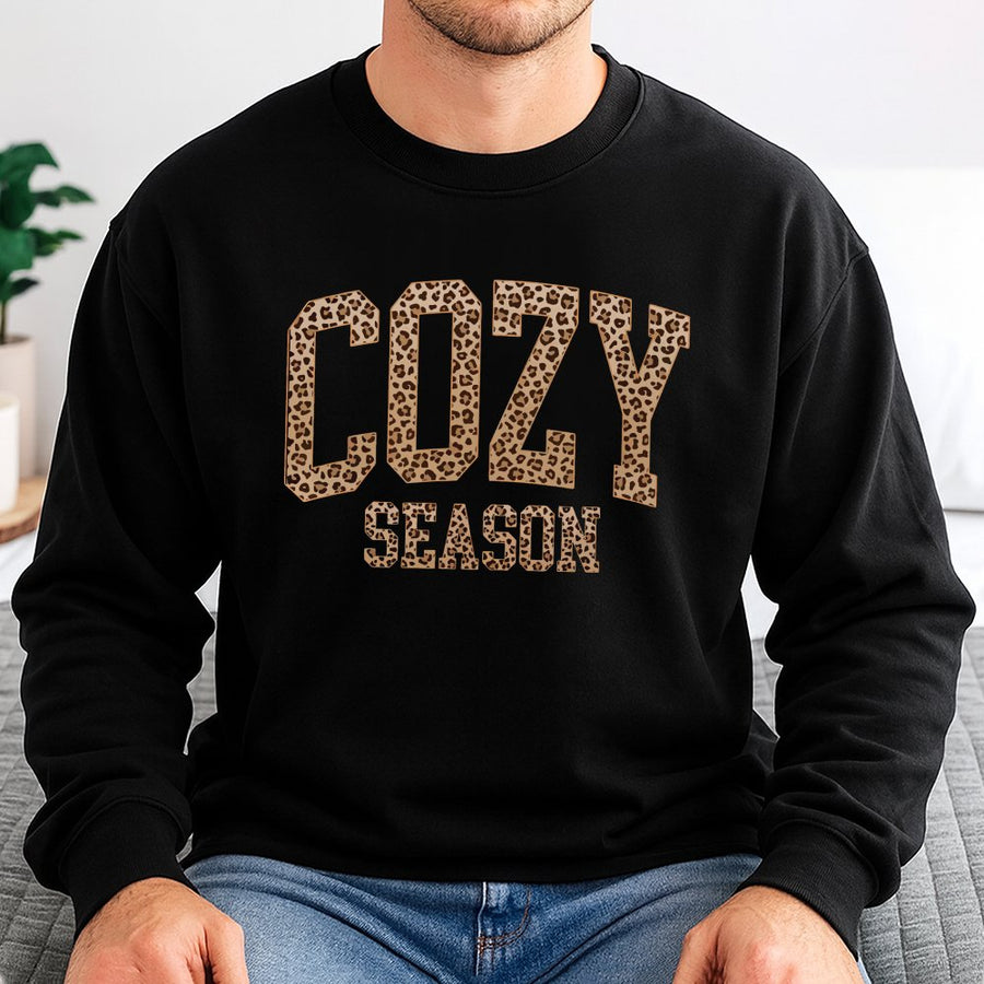 Cozy Season Sweatshirt | Leopard Print Varsity Letter Graphic | Premium Cotton Blend | Fall Aesthetic Gift for Women and Men