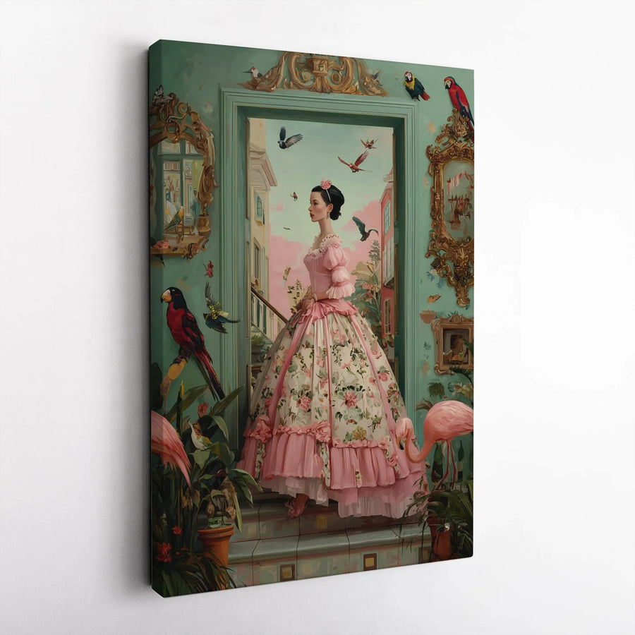 Victorian Woman Wall Art | Rococo Pink Gown & Exotic Birds Canvas | Gallery Wrapped Premium Print | Whimsical Romantic Home Decor Gift