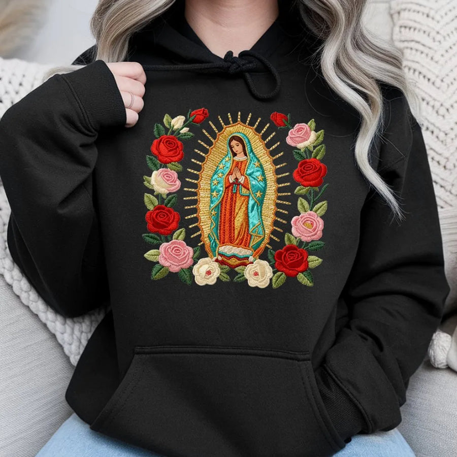 Our Lady of Guadalupe Hoodie | Floral Virgen de Guadalupe Print | Premium Unisex Religious Gift | Catholic Faith Graphic Sweatshirt