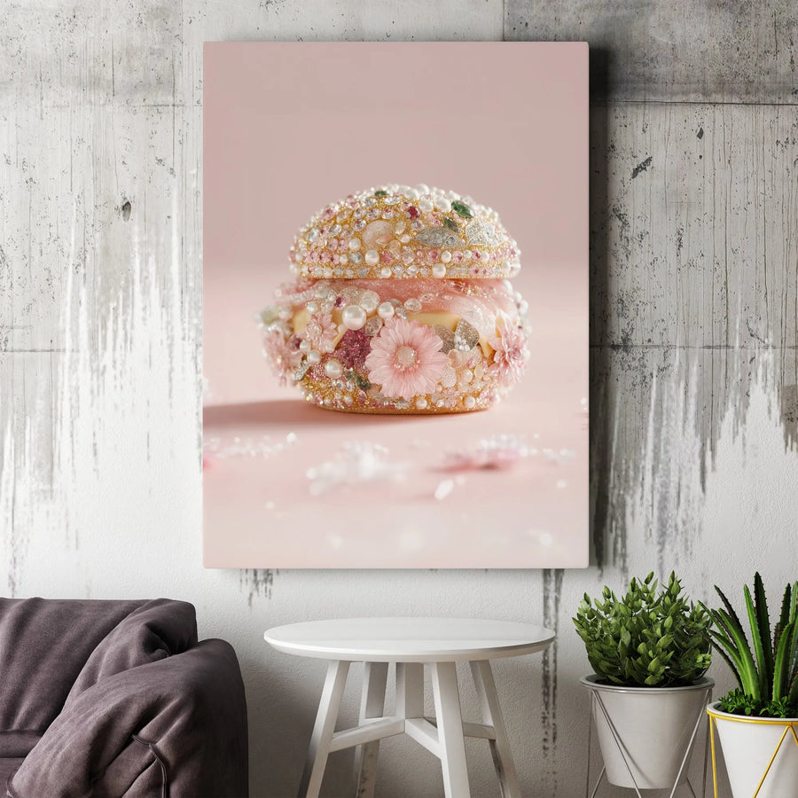 Jeweled Macaron Canvas Print | Glamorous Food Art with Pink Flowers & Pearls | Premium Gallery Wrap | Unique Fashion Wall Decor Gift for Her