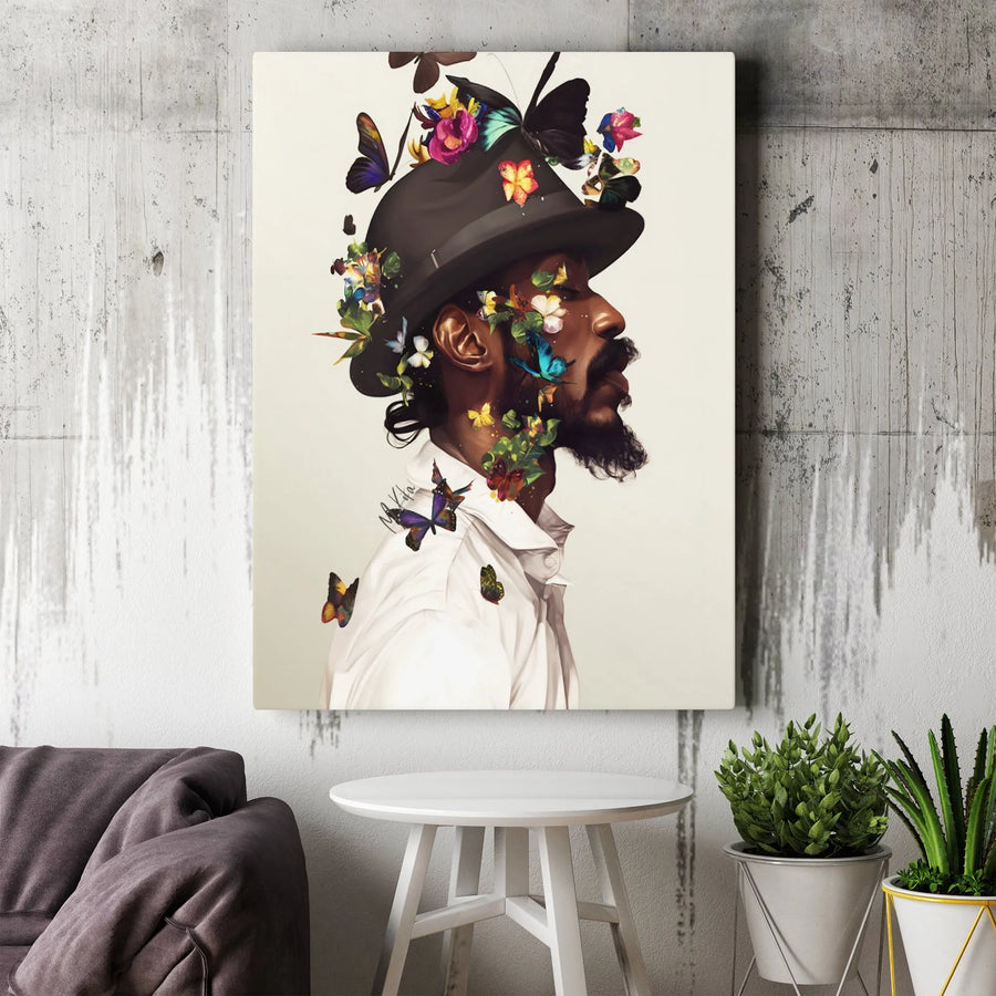 Black Man With Butterflies Canvas Print | Botanical Fedora Hat Portrait | Premium Gallery-Wrap Wall Art | Modern Home Office Decor Gift