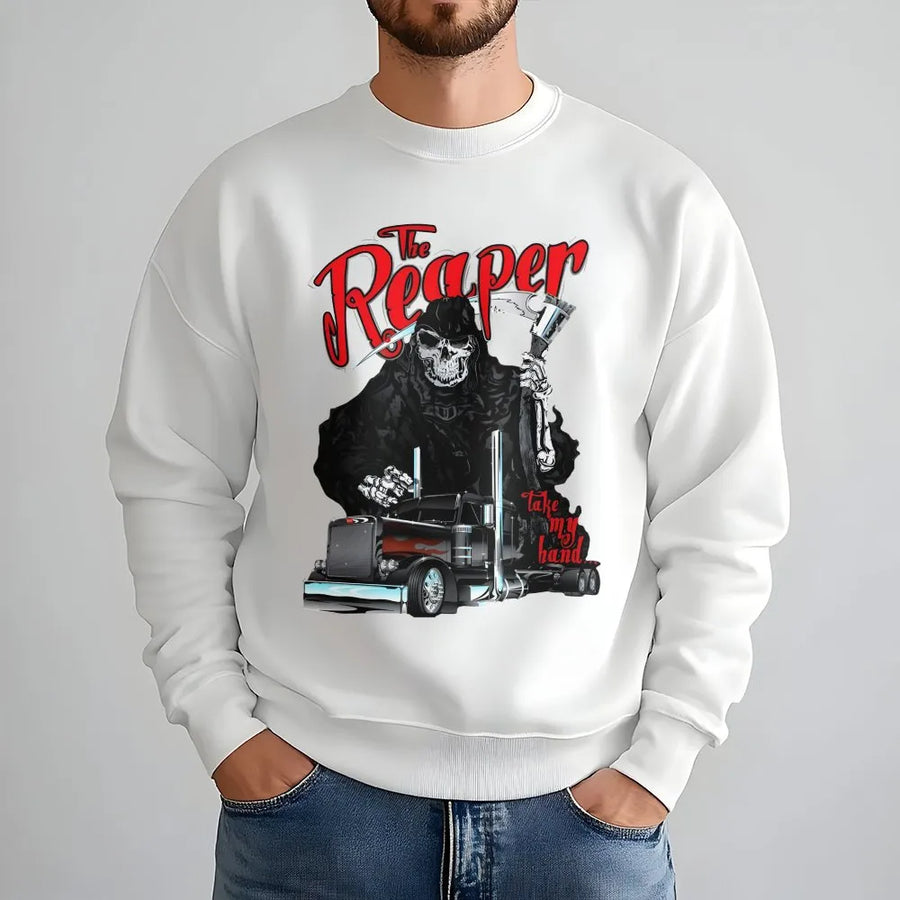 The Reaper Trucker Sweatshirt | Skull Semi Truck Graphic Print | Premium Cotton Blend Crewneck | Gift for Truck Drivers and Heavy Duty Enthusiasts