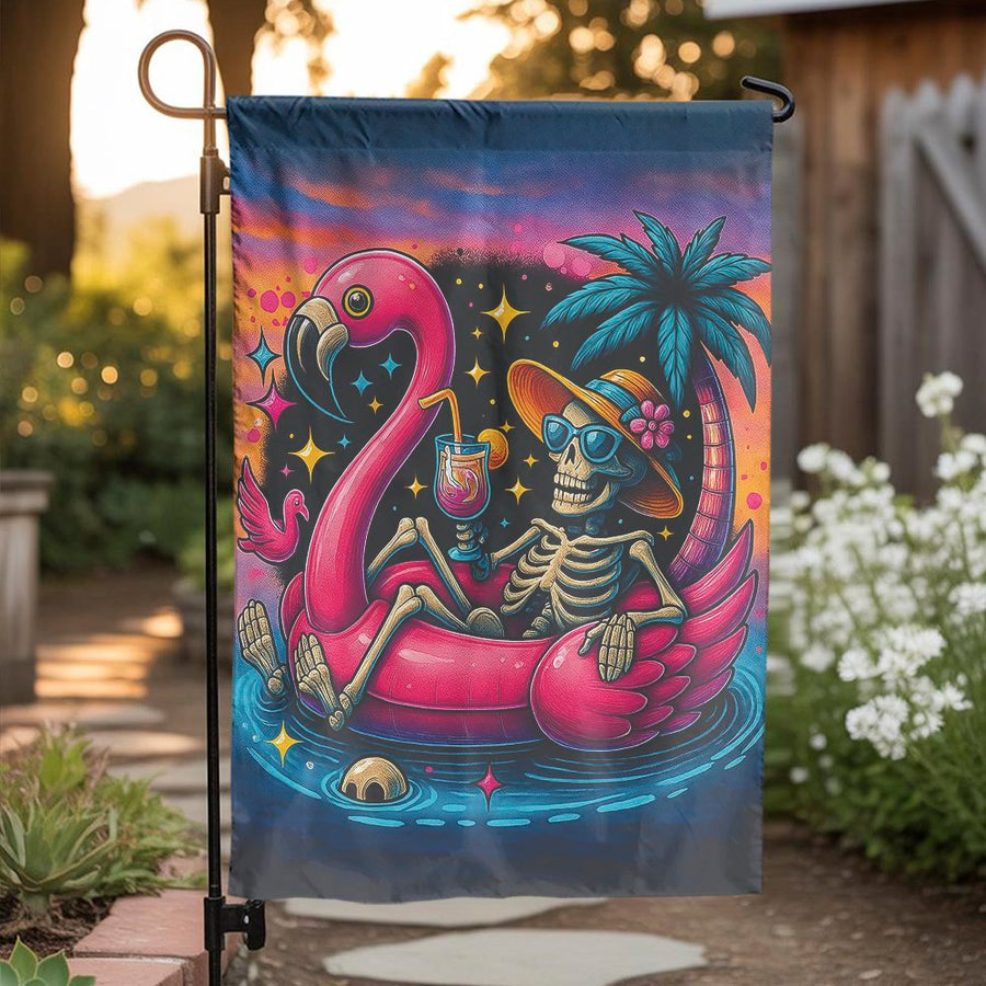 Skeleton Garden Flag | Tropical Flamingo Summer Pool Party Decor | Weather-Resistant Polyester | Retro Beach Yard Art Gift