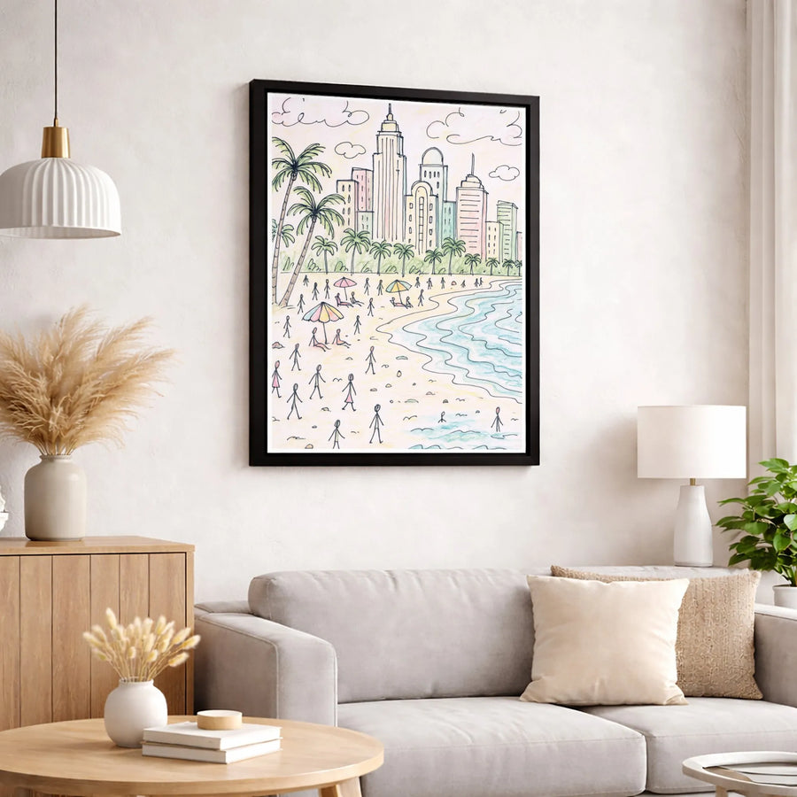 Beach City Skyline Canvas Print | Whimsical Sketch Illustration | Gallery Quality Wall Art | Coastal Decor Gift for Home or Office