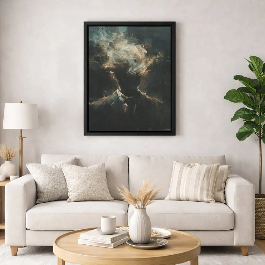 Abstract Man in Suit Canvas Wall Art | Surreal Smoke Silhouette Portrait | Premium Gallery Wrapped Print | Modern Office & Home Decor Gift