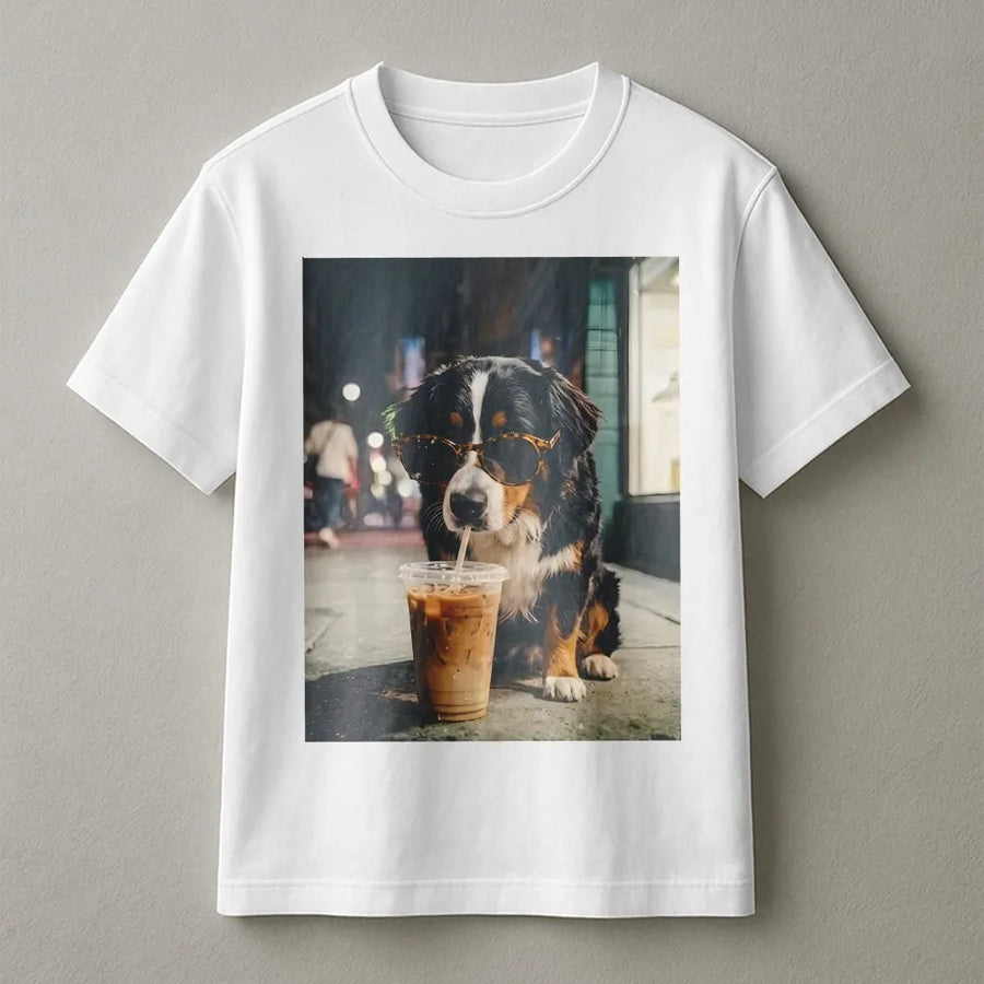 Cool Bernese Mountain Dog T-Shirt | Dog with Sunglasses Drinking Iced Coffee | Premium Graphic Tee | Gift for Dog Lover & Coffee Addict