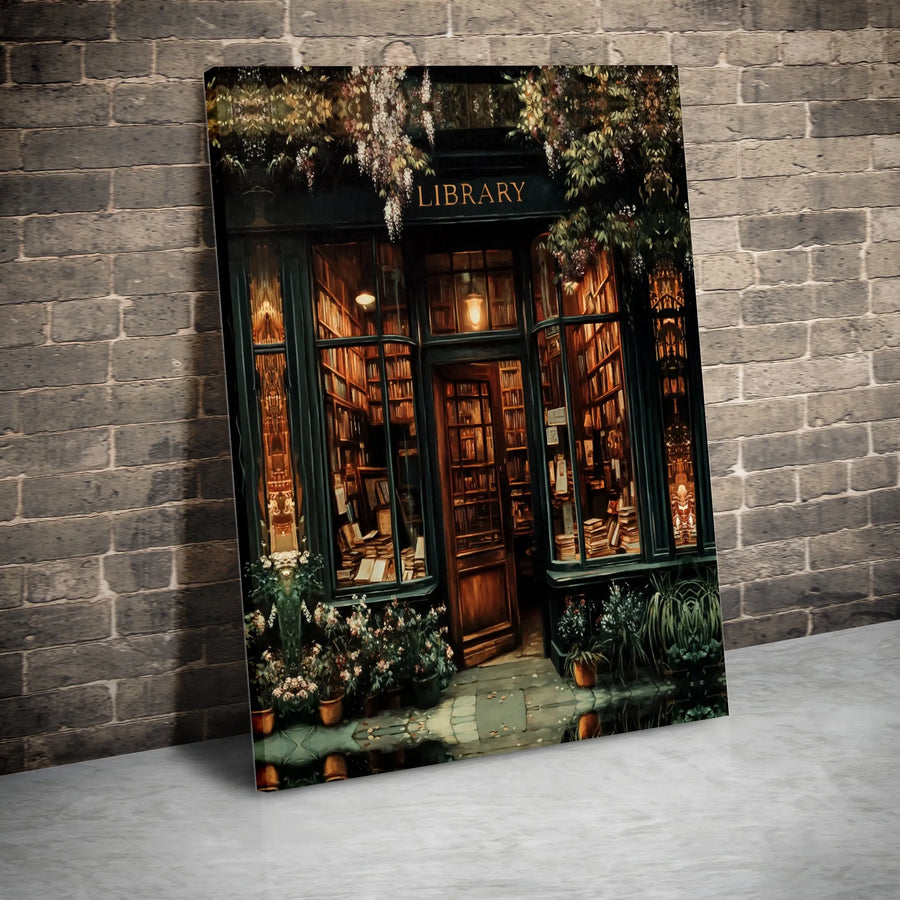 Library Canvas Wall Art | Cozy Bookstore Front Night View | Premium Gallery Wrap Print | Book Lover Gift Idea for Home Office Decor