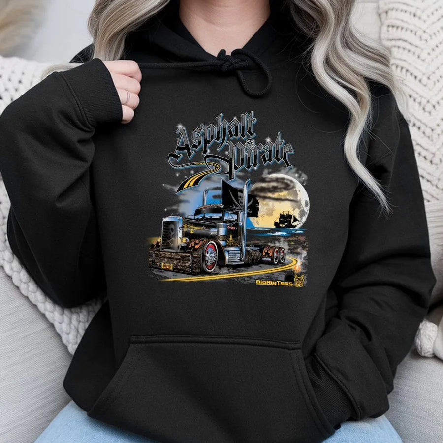Asphalt Pirate Trucker Hoodie | Retro Big Rig Graphic Crewneck | Plush Cotton Blend | Unique Gift for Truck Drivers & Semi Fans