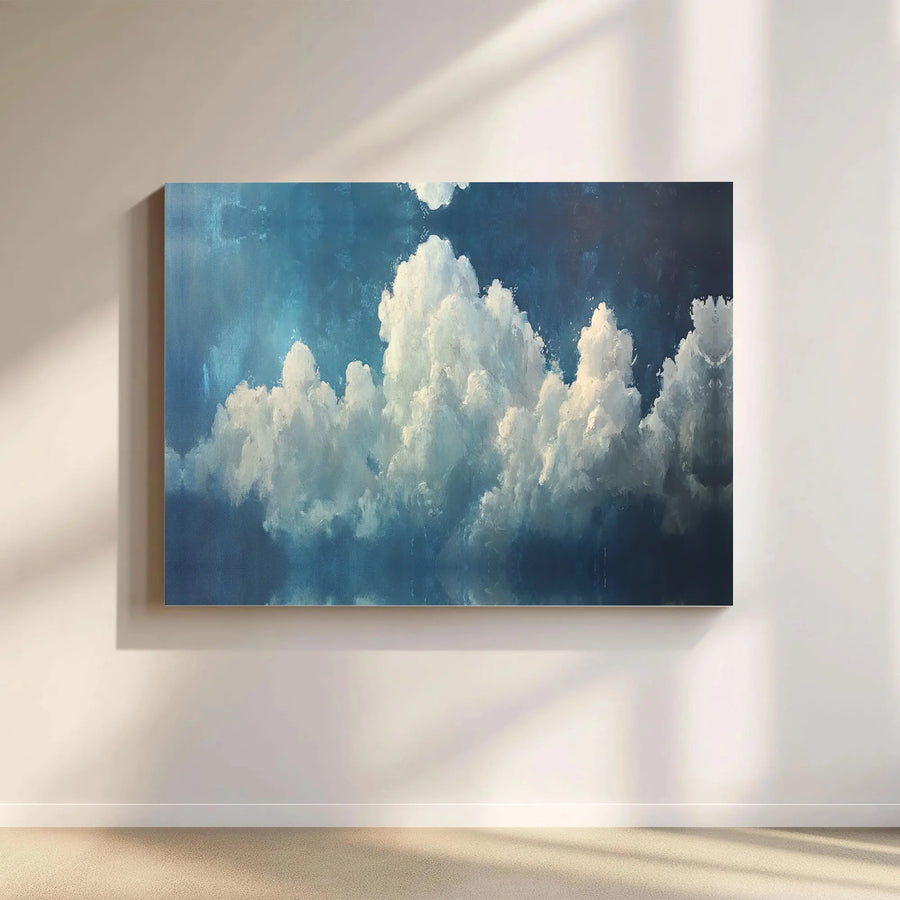 Blue Sky Canvas Wall Art | Dramatic Cloud Oil Painting Print | Premium Gallery Wrap 1.25 inch | Modern Coastal Home Decor for Living Room