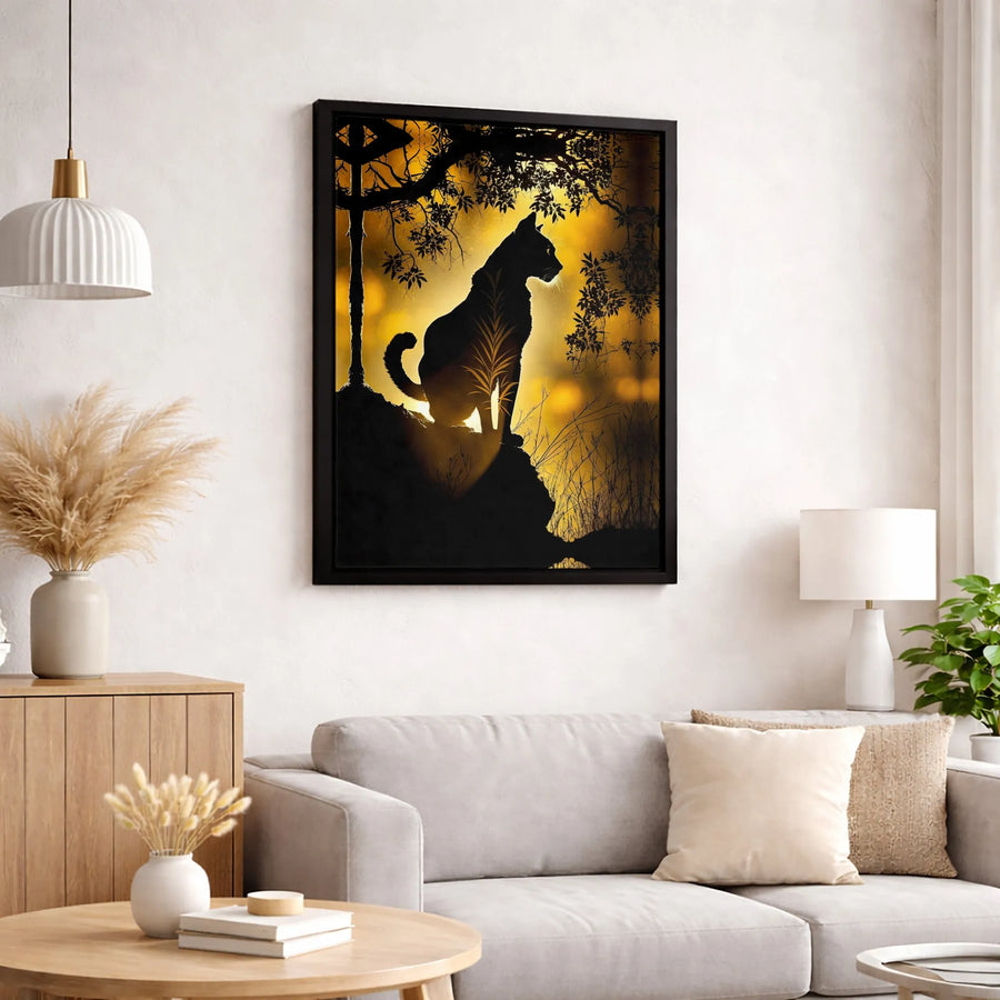Black Cat Silhouette Canvas Print | Golden Sunset Forest Wall Art | 1.25 Inch Premium Gallery Wrap | Modern Nature Decor Gift for Cat Lovers